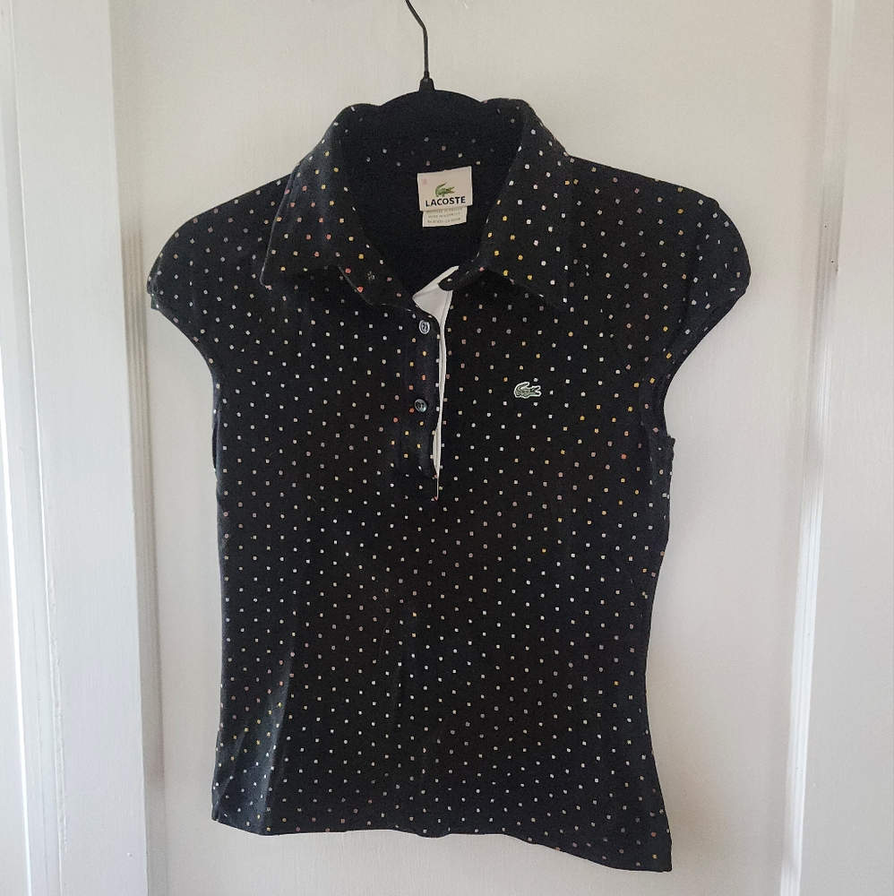 Lacoste Black Polo with Multicolor Polka Dots, Sz 36